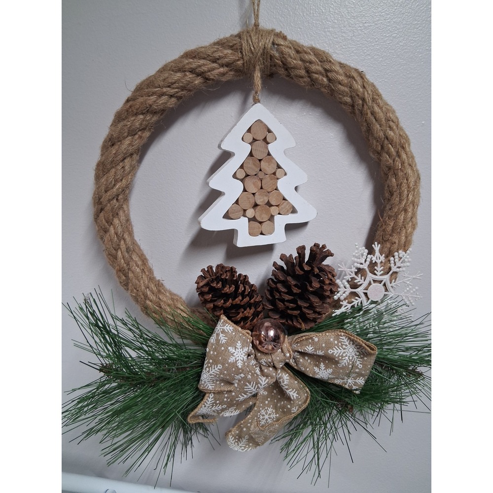Rustic Jute Rope Christmas Wreath Wooden Tree Pinecone Burlap Snowflake Decor